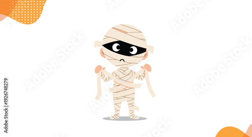 Adorable cartoon mummy character looking a bit confused or sad while holding onto its unraveling white bandages during a spooky festival.