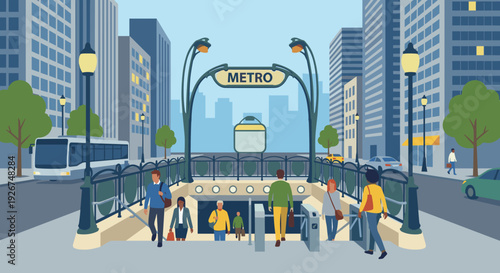 Busy metro station entrance with people commuting on a city street surrounded by skyscrapers, illustrating public transportation and urban lifestyle in a flat vector style