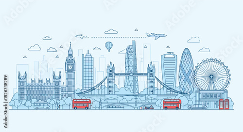 Detailed linear cityscape of London showcasing famous landmarks including Big Ben, Tower Bridge, and the London Eye on a light background.