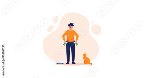 Sad man showing his empty pockets to signify financial struggle or poverty while his pet cat watches nearby in a minimalist room setting.
