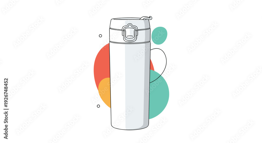 Obraz premium Sleek white insulated travel mug or thermal water bottle shown against an abstract background of colorful circles and lines.