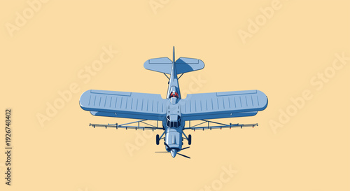 Top down perspective of a light blue vintage biplane aircraft used for agricultural crop dusting and light transport duties.