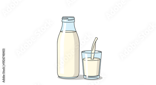 Classic glass milk bottle stands next to a tall glass filled with fresh white milk against a clean and simple background.