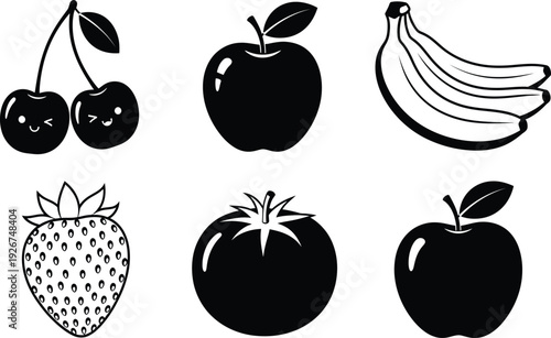 Collection of Minimalist Black and White Fruit Icons Including Apple Banana Strawberry Cherry and Tomato for Healthy Food Branding and Design
