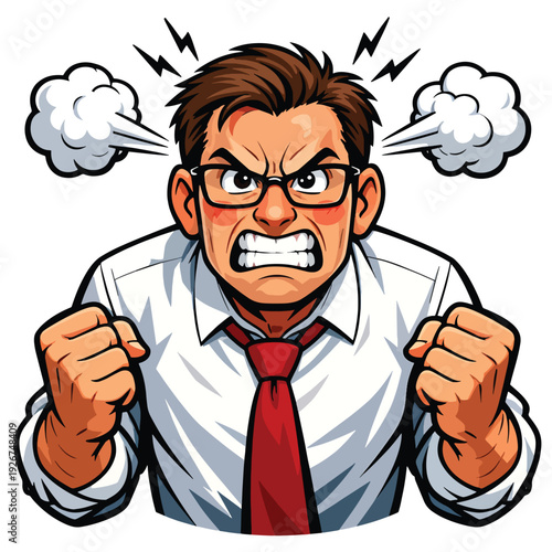 Furious man in white shirt and red tie, frustrated expression