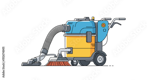 Industrial floor cleaning machine featuring a large yellow tank and blue housing unit designed for professional janitorial use.