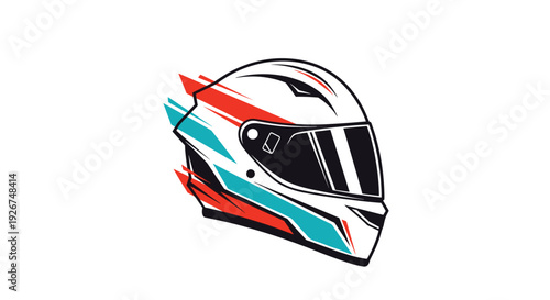 Modern motorcycle racing helmet with aerodynamic design and vibrant teal and red speed graphics displayed on a white shell.