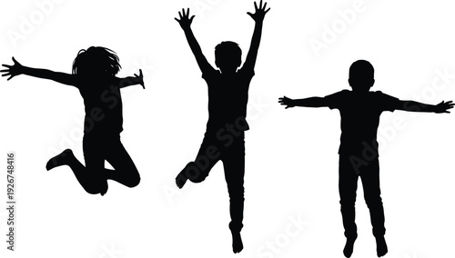 Three black silhouettes of children jumping on white background kids happy