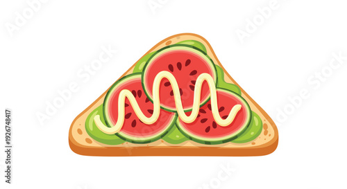 Healthy avocado toast snack topped with fresh watermelon slices and a drizzle of sauce presented on a single slice of bread.