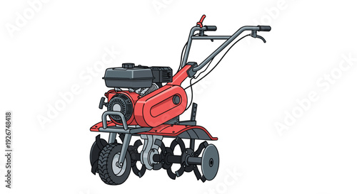 Red gasoline powered garden tiller or cultivator used for breaking up soil and preparing flower beds or vegetable patches.