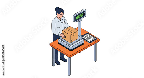 Professional shipping clerk weighs a cardboard package on an electronic bench scale while using a tablet for data entry.