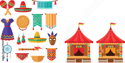 Mexican Culture Festival Icon Set with Sombrero, Maracas, Traditional Dress, Mask, Dreamcatcher and Circus Tent Vector Illustration