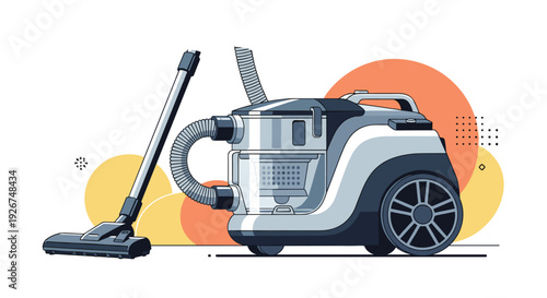 Modern household canister vacuum cleaner with its flexible hose and floor attachment shown against a colorful graphic background.