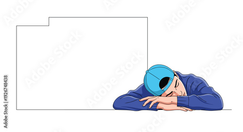 Young man wearing a blue cap and sweater sleeps peacefully on top of a giant white folder or oversized business document.