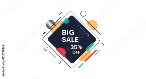 Modern promotional graphic for a big sale event offering thirty-five percent discount with colorful geometric design elements.