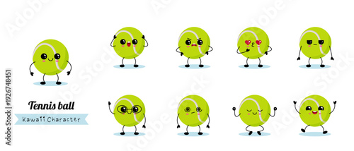 Funny Tennis ball characters bundle set. Vector hand drawn kawaii style character illustration icon design.