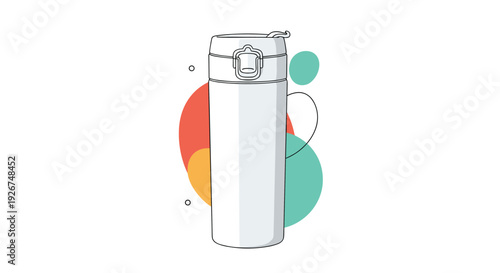 Sleek white insulated travel mug or thermal water bottle shown against an abstract background of colorful circles and lines.
