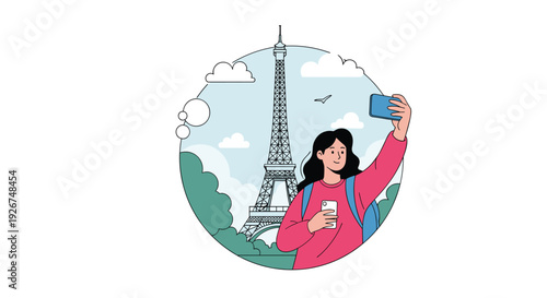 Happy tourist woman takes a selfie with her smartphone in front of the iconic eiffel tower landmark in the city of paris.