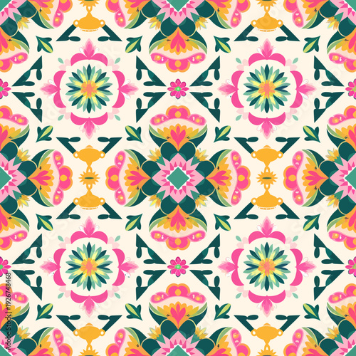 vector seamless repeating rangoli pattern in flat vector style. The design features symmetrical geometric shapes, floral motifs, peacocks, lotus flowers, and traditional oil lamps (divas).