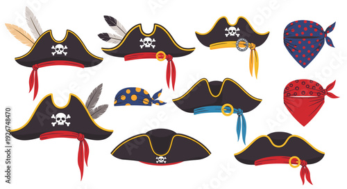 Selection of different pirate headgear including bicorne hats with skull and crossbones emblems and colorful knotted bandanas.