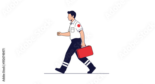 Professional male paramedic in uniform walks quickly while carrying a red emergency medical kit to provide urgent healthcare.