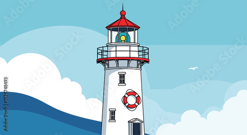 Traditional lighthouse tower stands tall on a rocky coast near breaking waves under a clear blue sky with a flying seagull.