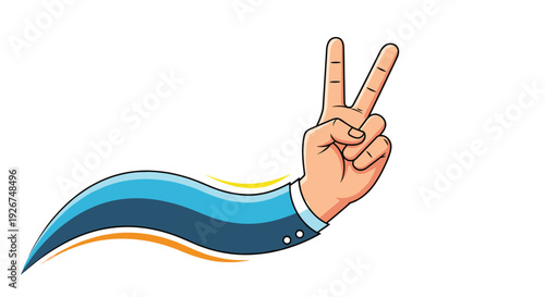 Human hand emerges from a stylized blue sleeve making the peace or victory sign with two fingers raised against white space.