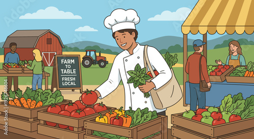 Professional chef in a white uniform and toque hat selects fresh organic vegetables at a vibrant outdoor farmers market with a barn and tractor in the background
