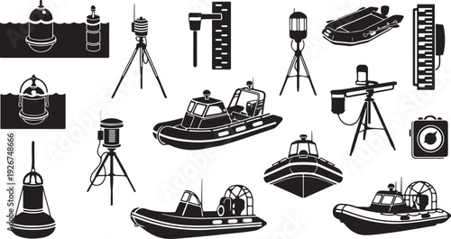 Black and white illustration of boats and camera equipment