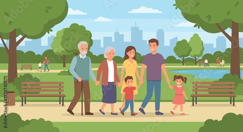 Happy multi-generational family walking together holding hands in a beautiful city park on a sunny day, representing togetherness and family bonding