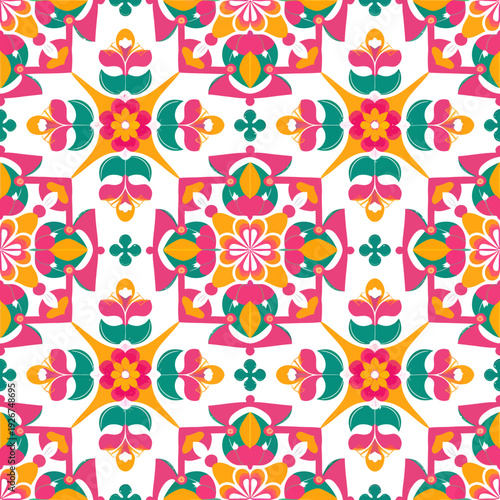 vector seamless repeating rangoli pattern in flat vector style. The design features symmetrical geometric shapes, floral motifs, peacocks, lotus flowers, and traditional oil lamps (divas).