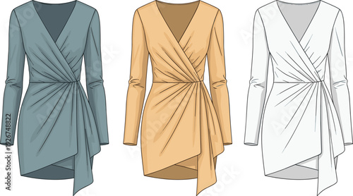 Three long sleeve wrap dresses in blue beige and white long sleeve dresses blue dress beige dress