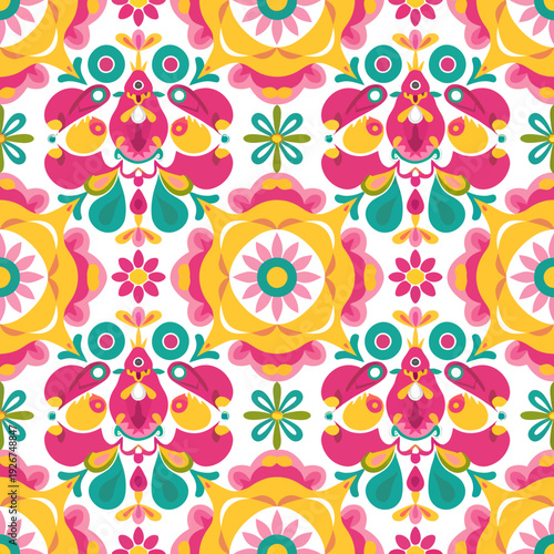 vector seamless repeating rangoli pattern in flat vector style. The design features symmetrical geometric shapes, floral motifs, peacocks, lotus flowers, and traditional oil lamps (divas).