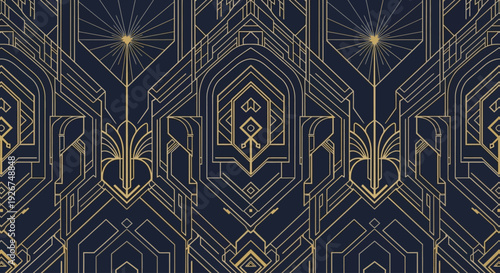 Elegant Art Deco gold geometric pattern on dark navy blue background