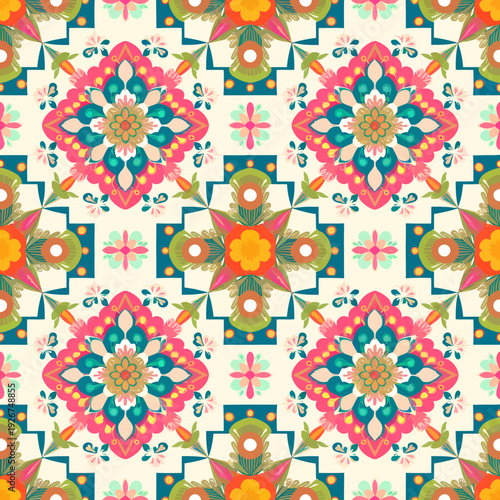 vector seamless repeating rangoli pattern in flat vector style. The design features symmetrical geometric shapes, floral motifs, peacocks, lotus flowers, and traditional oil lamps (divas).