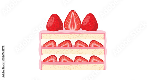 A single slice of pink strawberry layer cake topped with whole berries features internal layers of cream and fruit.