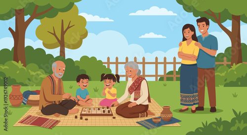Happy multi-generational Asian family spends quality time together outdoors, with grandparents playing a board game with their grandchildren on a picnic blanket while parents watch lovingly