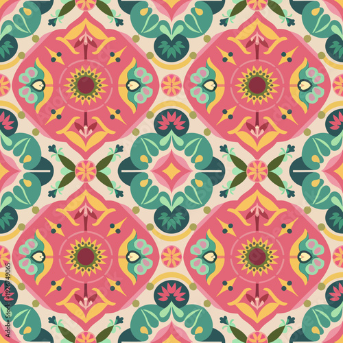 vector seamless repeating rangoli pattern in flat vector style. The design features symmetrical geometric shapes, floral motifs, peacocks, lotus flowers, and traditional oil lamps (divas).