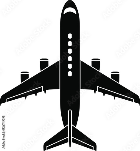 Black vector silhouette of a large commercial passenger airplane seen from a top down aerial view for aviation travel tourism and aerospace transport branding (24 words)