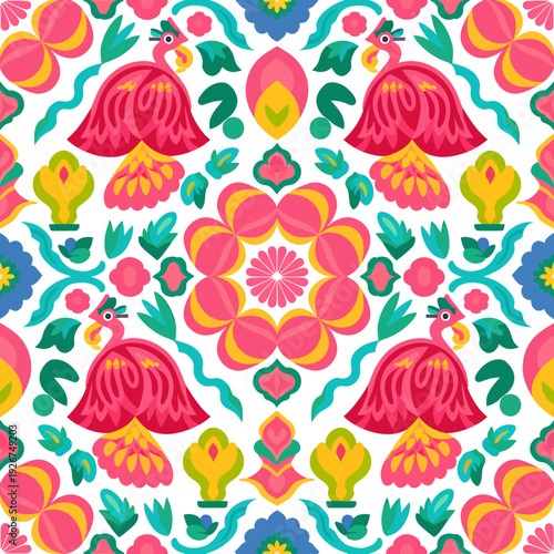 vector seamless repeating rangoli pattern in flat vector style. The design features symmetrical geometric shapes, floral motifs, peacocks, lotus flowers, and traditional oil lamps (divas).