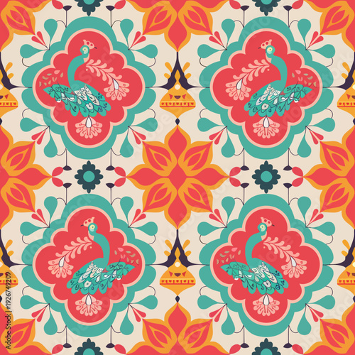 vector seamless repeating rangoli pattern in flat vector style. The design features symmetrical geometric shapes, floral motifs, peacocks, lotus flowers, and traditional oil lamps (divas).