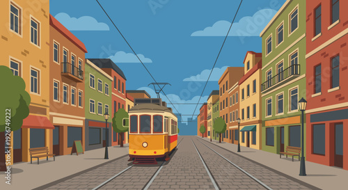 Yellow and red vintage style tram travels down a cobblestone street lined with colorful old European buildings under a clear blue sky