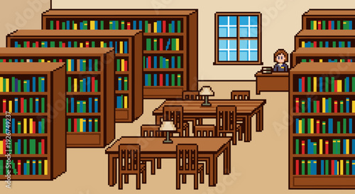 Pixel art library interior with bookshelves filled with colorful books, wooden tables, and a librarian at a desk in a retro 8-bit video game style illustration