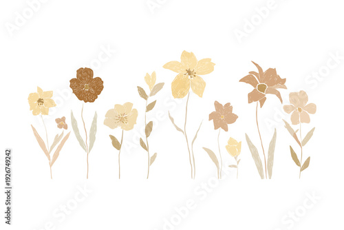 Floral border with earth tone flowers and leaves illustration