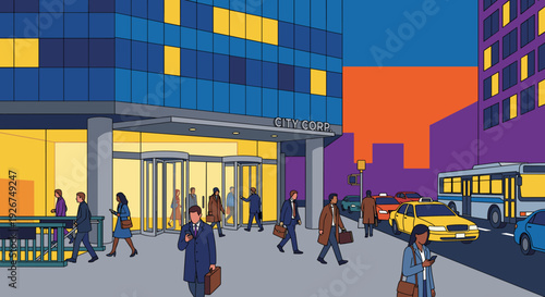 Colorful illustration of a busy city street with business people commuting to work in front of a modern corporate office building at dusk in a vibrant, graphic style