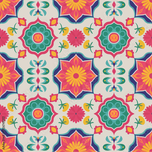 vector seamless repeating rangoli pattern in flat vector style. The design features symmetrical geometric shapes, floral motifs, peacocks, lotus flowers, and traditional oil lamps (divas).