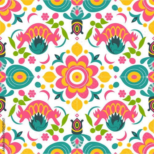 vector seamless repeating rangoli pattern in flat vector style. The design features symmetrical geometric shapes, floral motifs, peacocks, lotus flowers, and traditional oil lamps (divas).