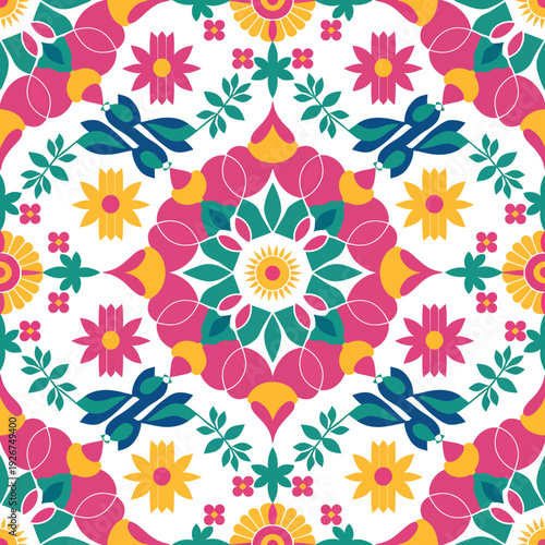 vector seamless repeating rangoli pattern in flat vector style. The design features symmetrical geometric shapes, floral motifs, peacocks, lotus flowers, and traditional oil lamps (divas).