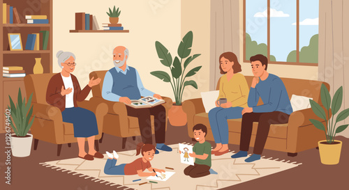 Happy multi-generational family spending quality time together in a cozy living room, with grandparents looking at a photo album and children drawing on the floor