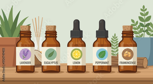 Set of five essential oil bottles with different labels for lavender, eucalyptus, lemon, peppermint, and frankincense arranged on a wooden shelf with plants in the background